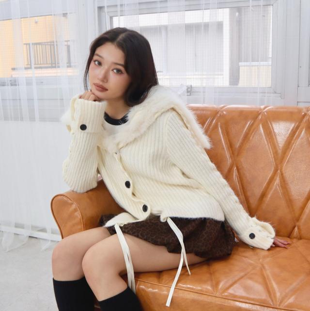 ファー付きニットアシメカーディガン