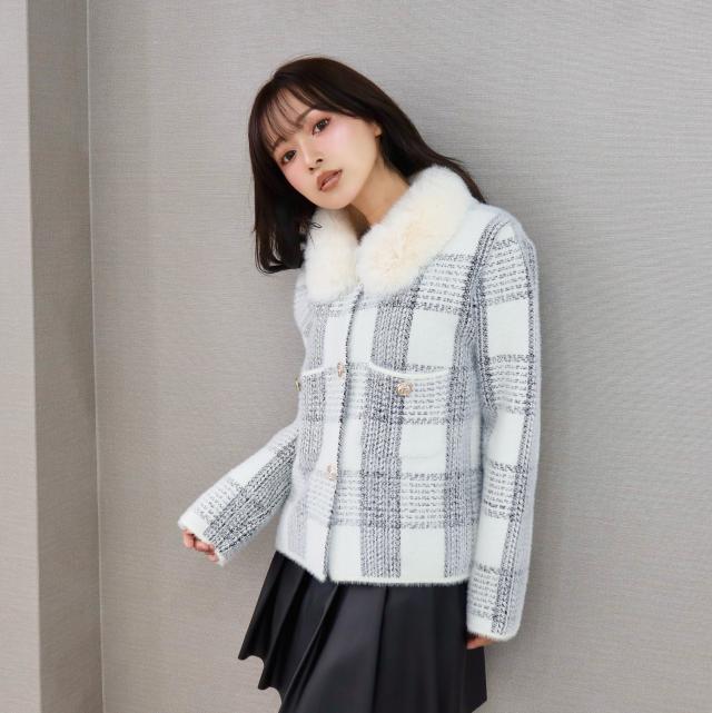 チェック柄ファー襟ジップニットカーディガン