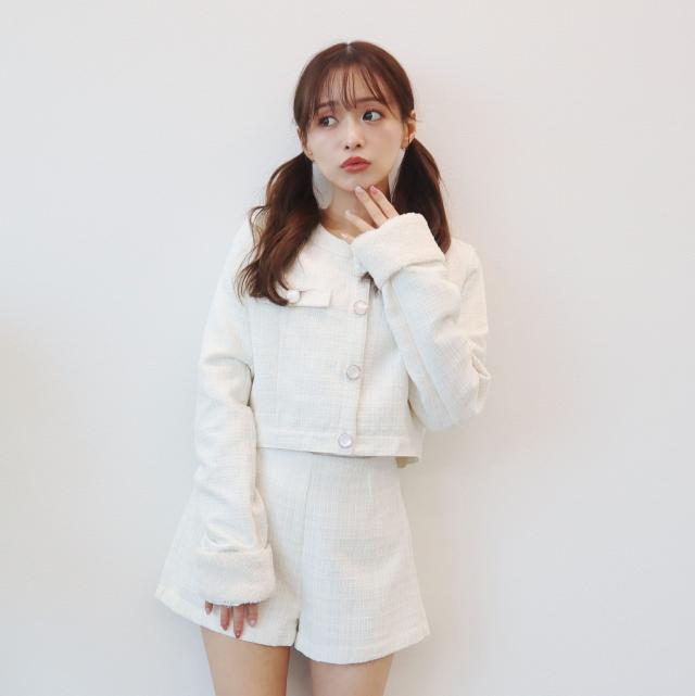 ファンシーツイード袖ボア付きジャケット