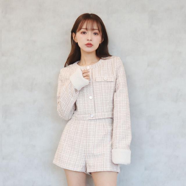 ファンシーツイード袖ボア付きジャケット ファンシーツイード袖ボア付きジャケット