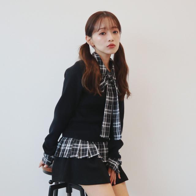 ニットｘチェックプリーツ棒タイ付きチュニック