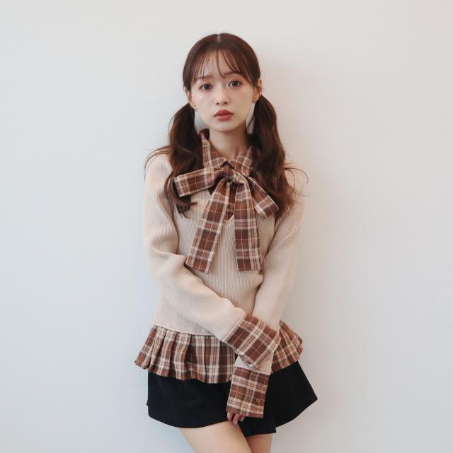 ニットｘチェックプリーツ棒タイ付きチュニック