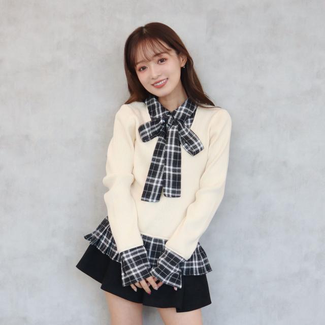 ニットｘチェックプリーツ棒タイ付きチュニック