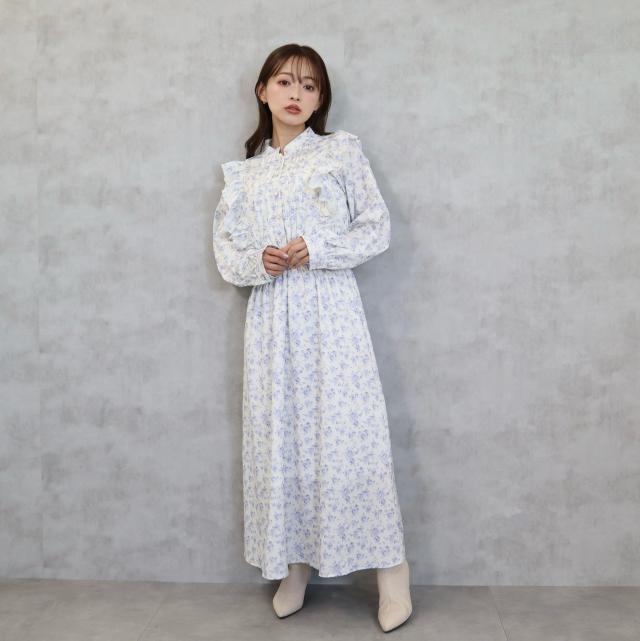 花柄ピンタックフリルワンピース 花柄ピンタックフリルワンピース