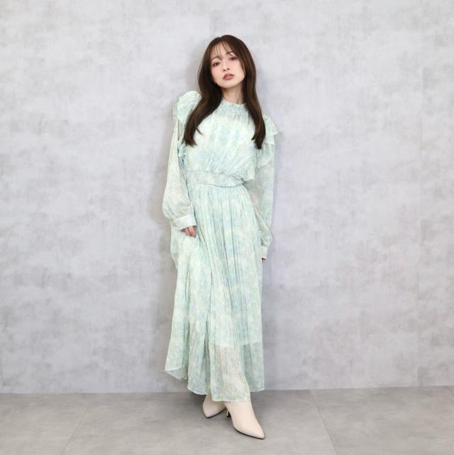 楊柳花柄フリルプリーツワンピース