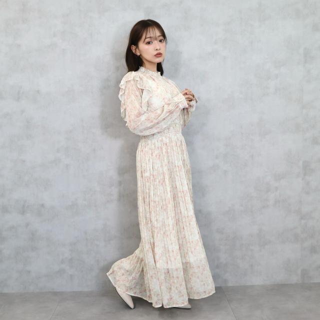 楊柳花柄フリルプリーツワンピース