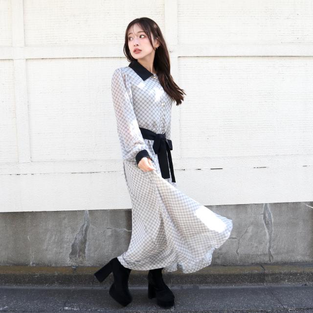 バイアス柄クレリックシャツワンピース