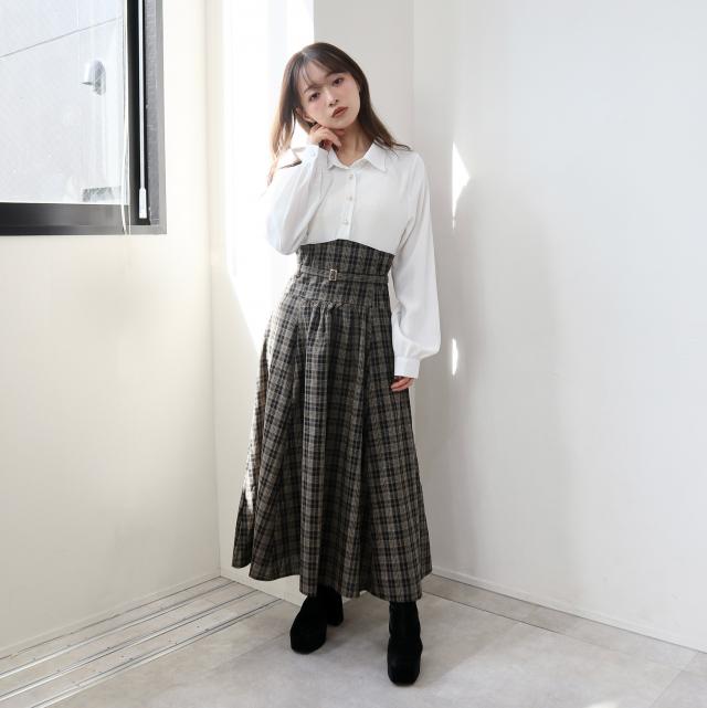 シャツｘチェックコルセットドッキングワンピース