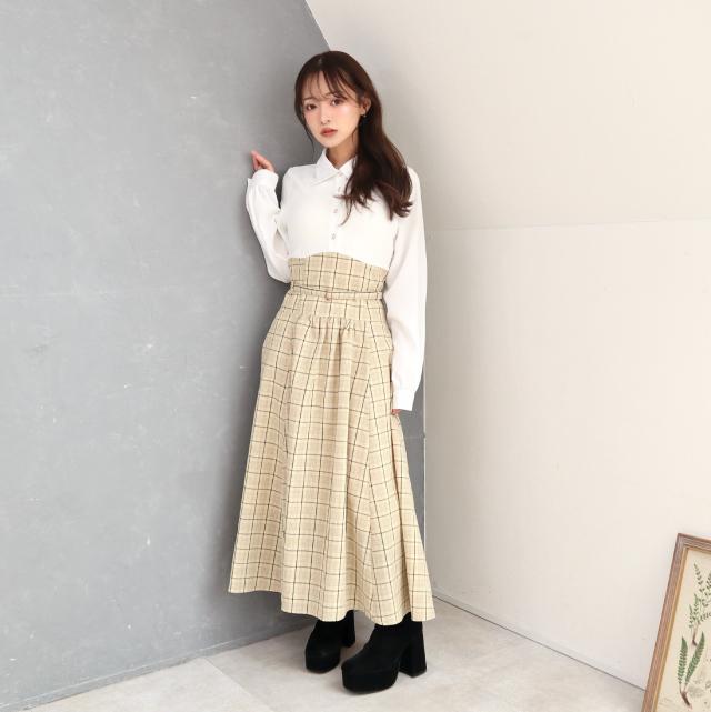 シャツxチェックコルセットドッキングワンピース シャツxチェックコルセットドッキングワンピース