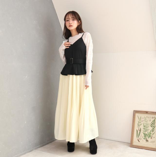 バイカラーキャミワンピース　チュールシャーリングTセット