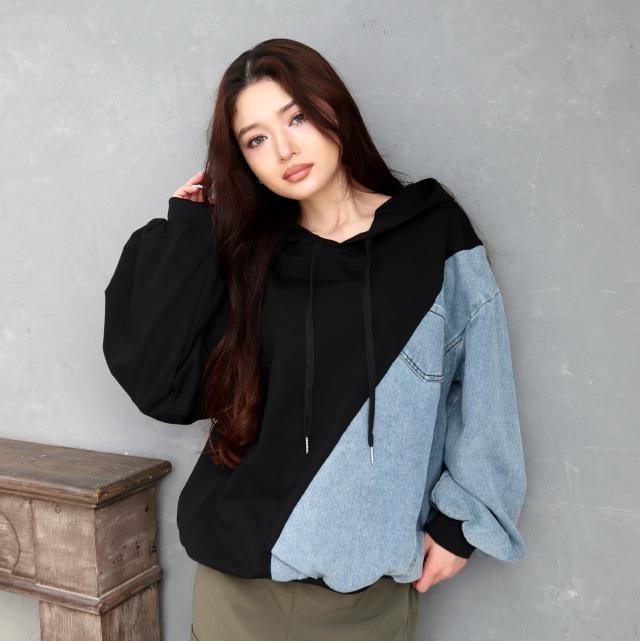 デニム使い裏毛バックプリントパーカー デニム使い裏毛バックプリントパーカー