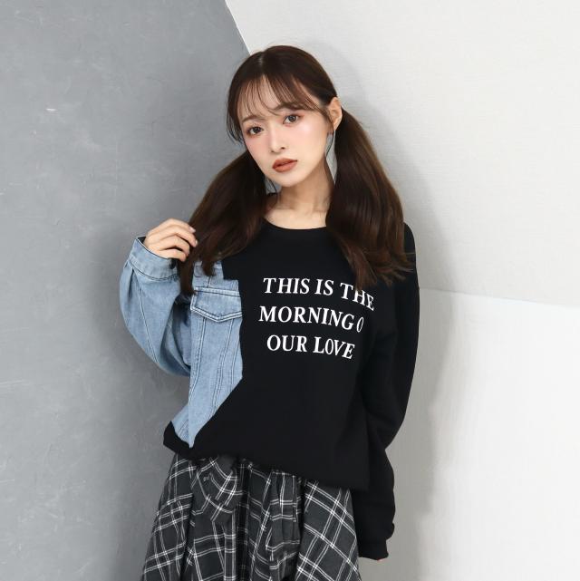 デニム使い裏毛ロゴプリントプルオーバー