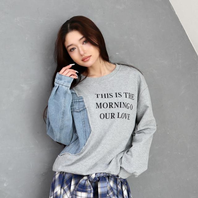 デニム使い裏毛ロゴプリントプルオーバー デニム使い裏毛ロゴプリントプルオーバー