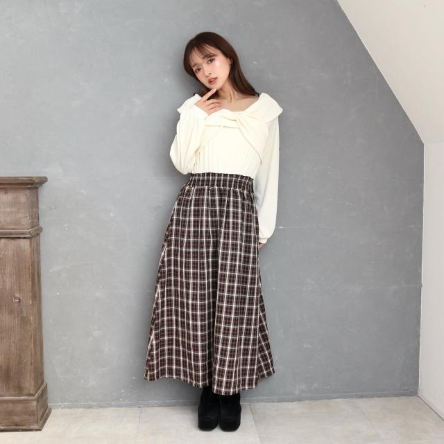 リブツイストチェックドッキングワンピース