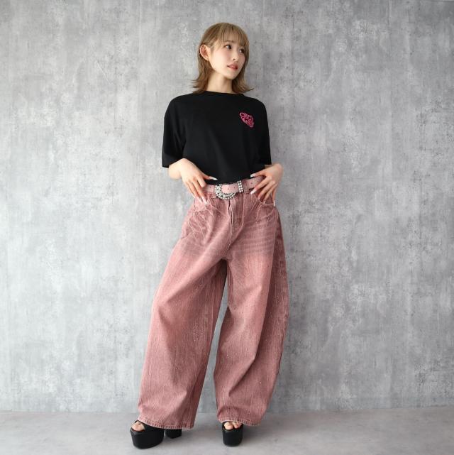 ベルト付きカーブカラーデニムパンツ