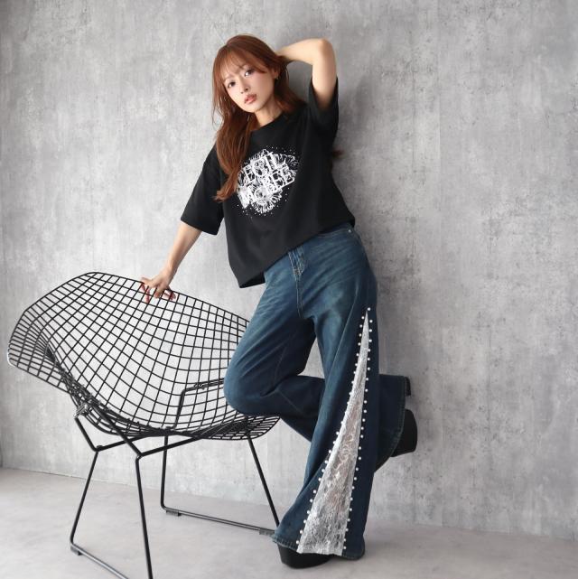 サイドレースフレアデニムパンツ