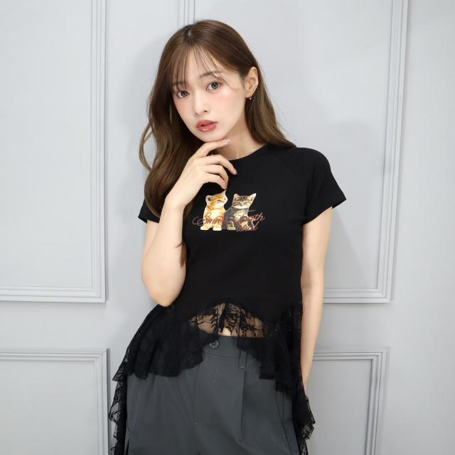 レース付きプリントTシャツ レース付きプリントTシャツ