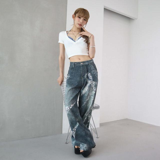 ラインストーン付きプリントデザインワイドデニムパンツ
