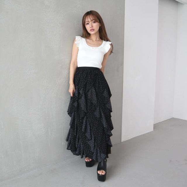 ドット柄メローフリルロングスカート