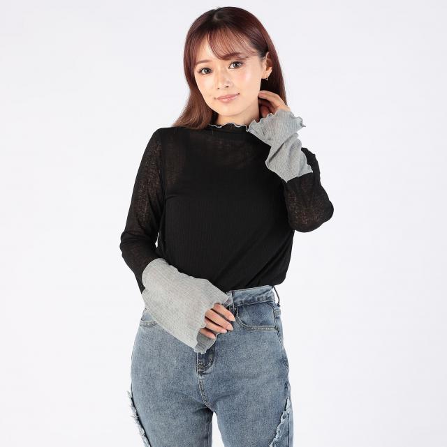 袖シアーリブトップス