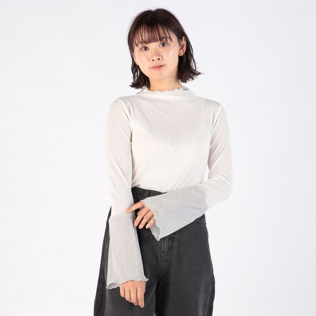 袖シアーリブトップス