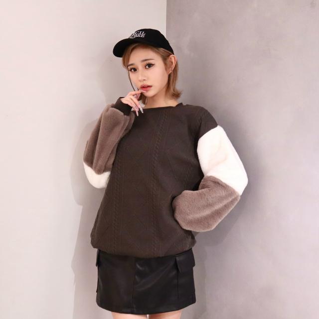 袖ファーゲーブル柄プルオーバー