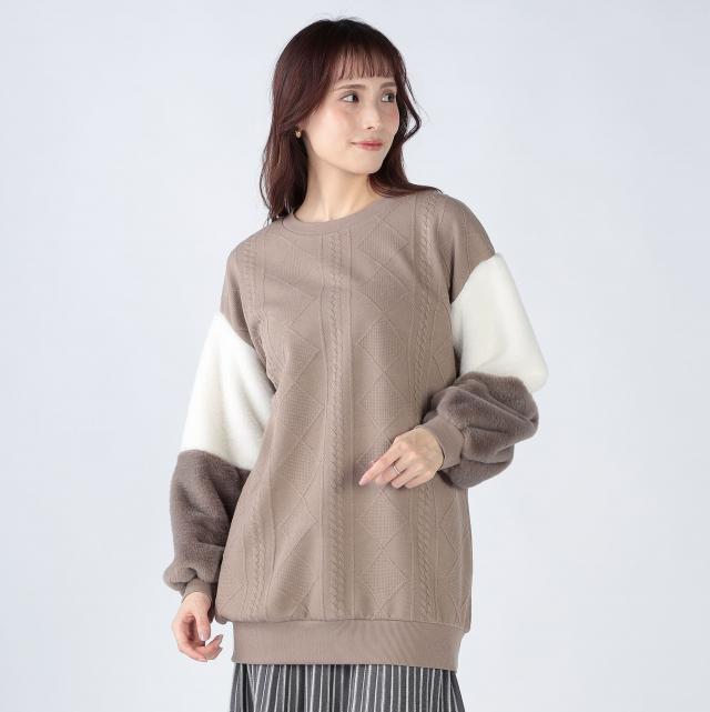 袖ファーゲーブル柄プルオーバー