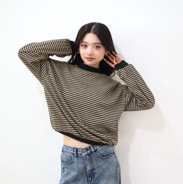 ハニカム柄ジャガードリブ配色トップス