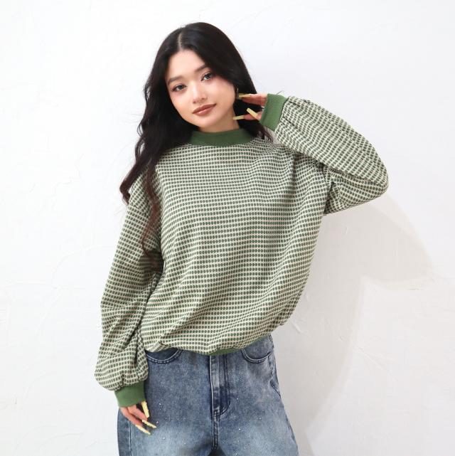 ハニカム柄ジャガードリブ配色トップス