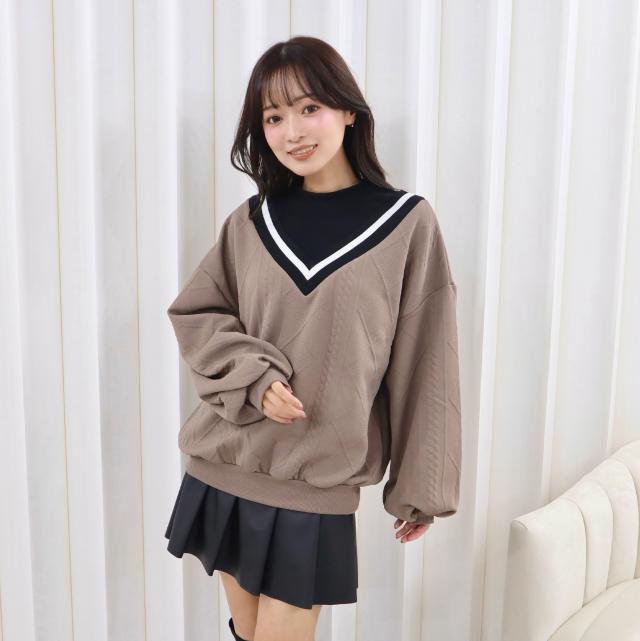 ふくれジャガードフェイクレイヤードトップス