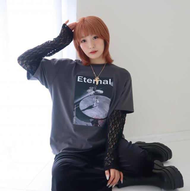 袖レイヤードフロントプリントトップス