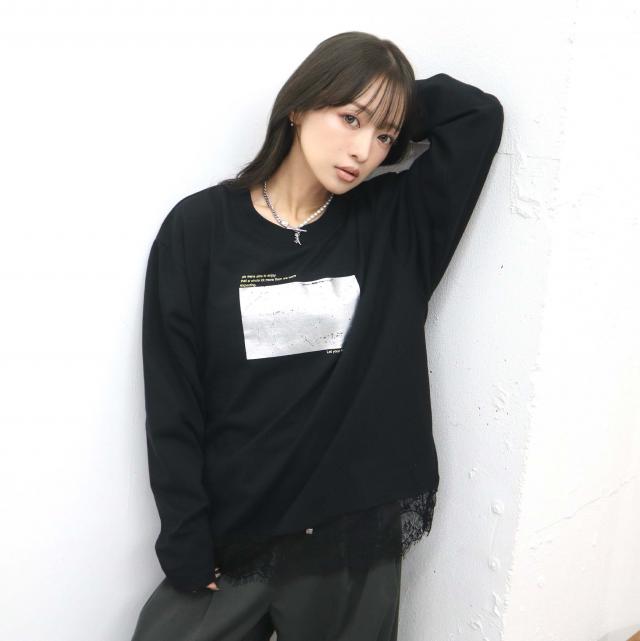 裾レースフロントプリントトップス