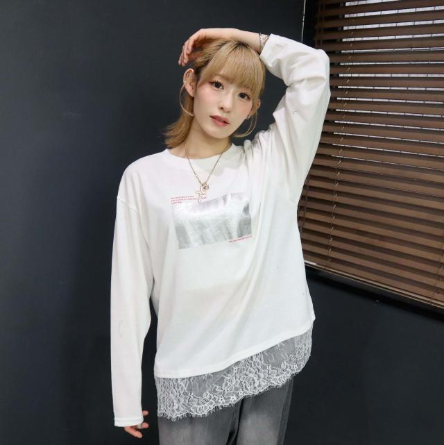 裾レースフロントプリントトップス 裾レースフロントプリントトップス